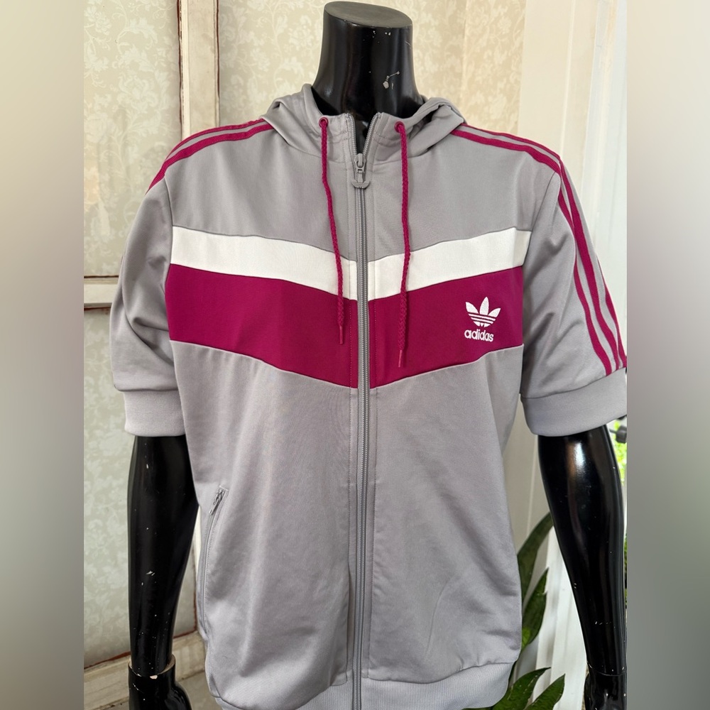 Adidas Jacket Women L Gray Track Full Zip Hoodie Striped Drawstring Active